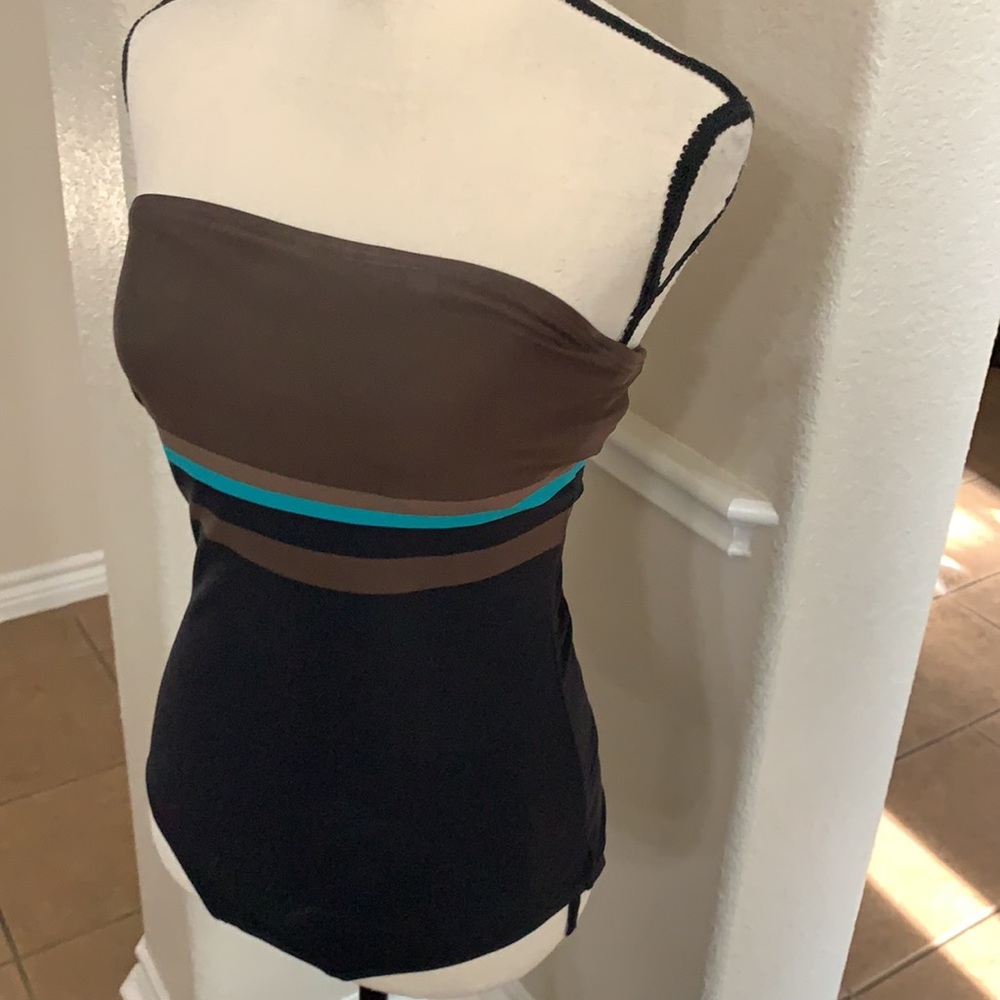 DKNY black, brown & teal striped one piece swimsuit halter Size M - Picture 7 of 17